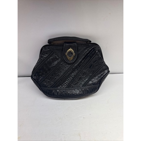 Handbags - Vintage Black Embossed Patchwork Handbag Crocodile Ostrich Lizard Top Handle Bag